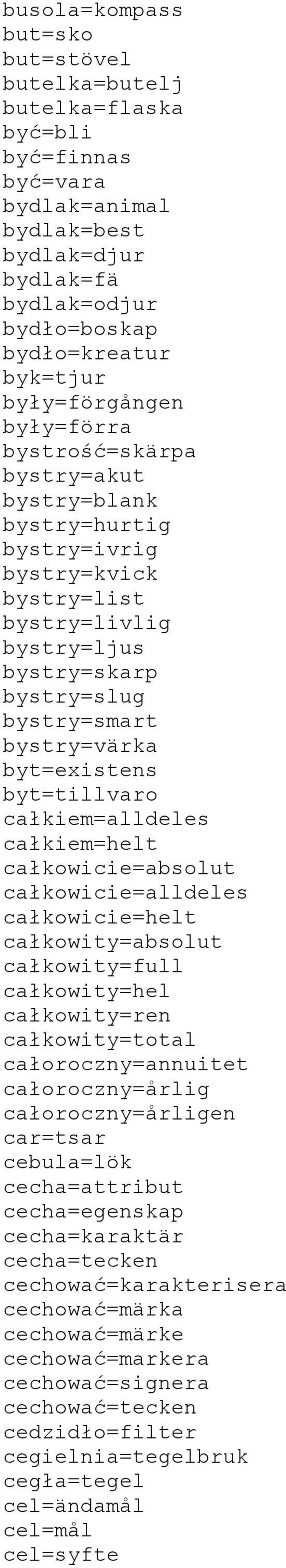 byt=existens byt=tillvaro całkiem=alldeles całkiem=helt całkowicie=absolut całkowicie=alldeles całkowicie=helt całkowity=absolut całkowity=full całkowity=hel całkowity=ren całkowity=total