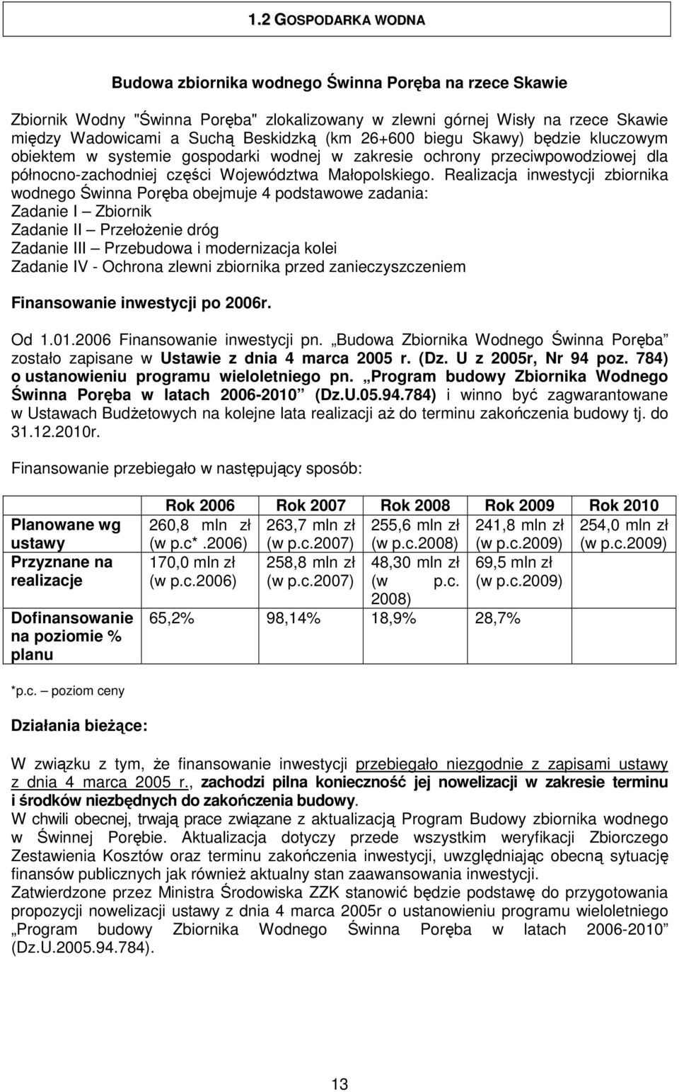 Realizacja inwestycji zbiornika wodnego Świnna Poręba obejmuje 4 podstawowe zadania: Zadanie I Zbiornik Zadanie II Przełożenie dróg Zadanie III Przebudowa i modernizacja kolei Zadanie IV - Ochrona