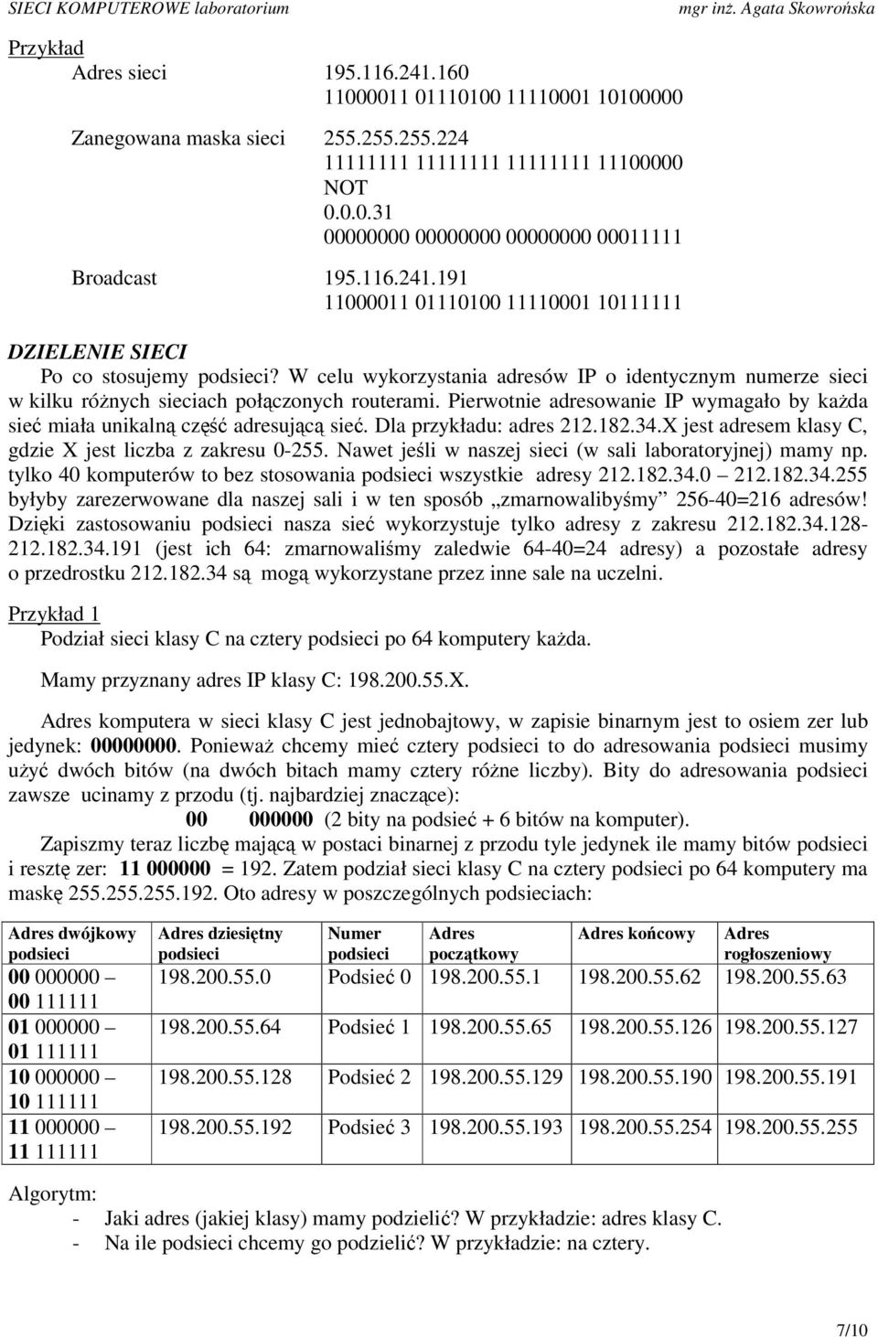 Pierwotnie adresowanie IP wymagało by kada sie miała unikaln cz adresujc sie. Dla przykładu: adres 212.182.34.X jest adresem klasy C, gdzie X jest liczba z zakresu 0-255.