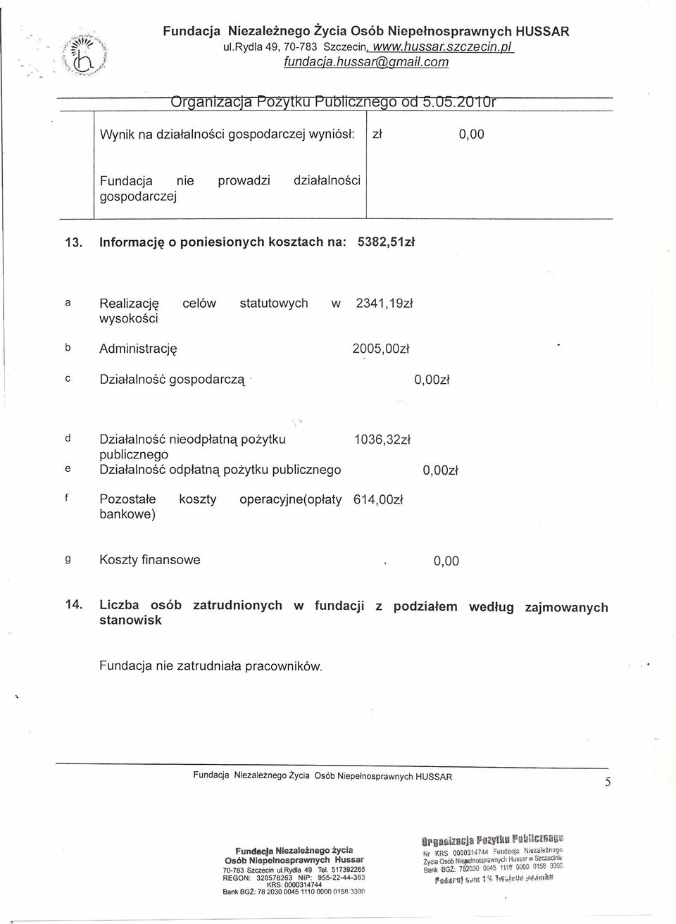 1036,32zł publicznego e Działalność odpłatną pożytku publicznego O,OOzł Pozostałe bankowe) koszty operacyjne( opłaty 614,OOzł g Koszty finansowe 0,00 14.