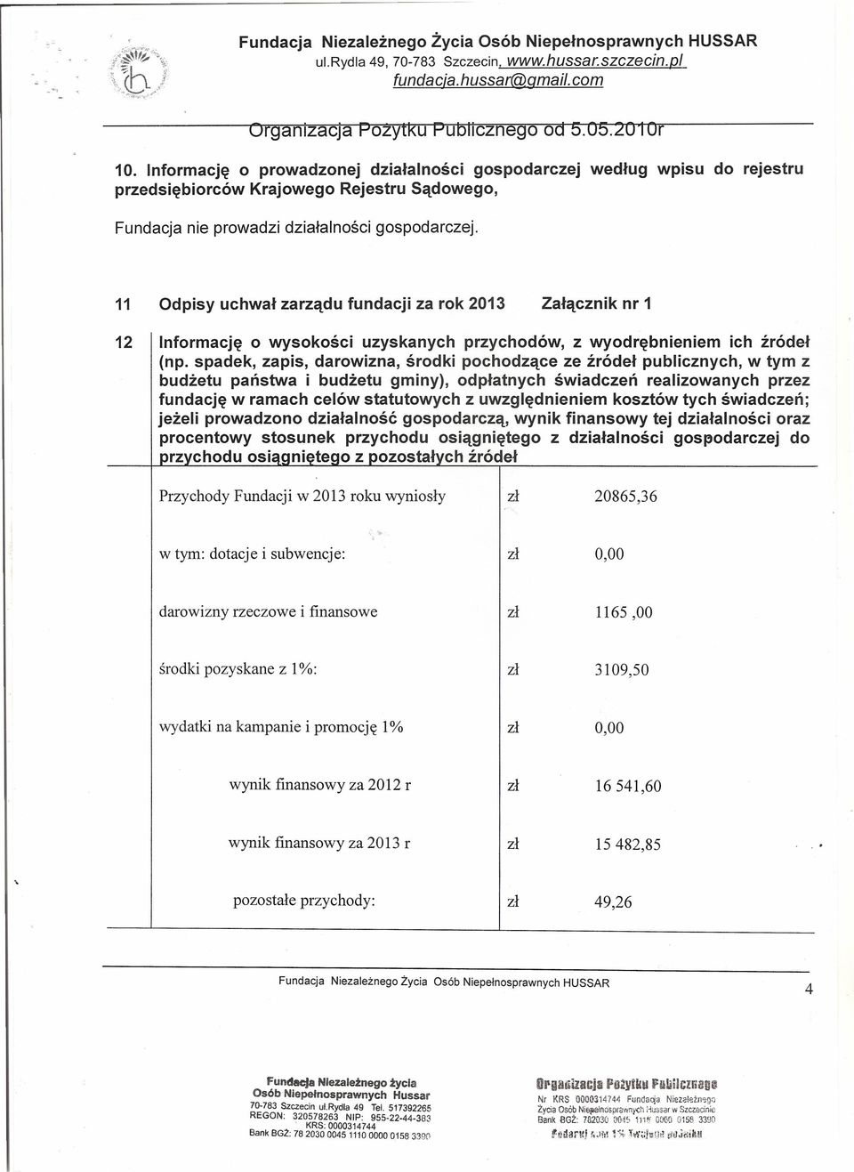 11 Odpisy uchwał zarządu fundacji za rok 2013 Załącznik nr 1 12 Informację o wysokości uzyskanych przychodów, z wyodrębnieniem ich źródeł (np.