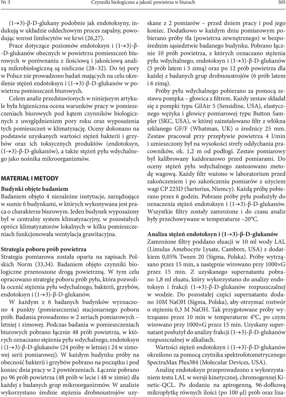 Do tej pory w Polsce nie prowadzono badań mających na celu określenie stężeń endotoksyn i (1 3)-β-D-glukanów w powietrzu pomieszczeń biurowych.