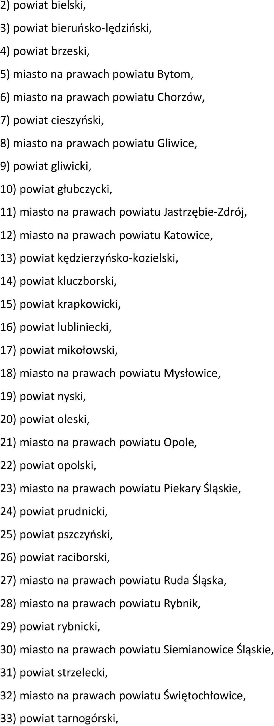 15) powiat krapkowicki, 16) powiat lubliniecki, 17) powiat mikołowski, 18) miasto na prawach powiatu Mysłowice, 19) powiat nyski, 20) powiat oleski, 21) miasto na prawach powiatu Opole, 22) powiat