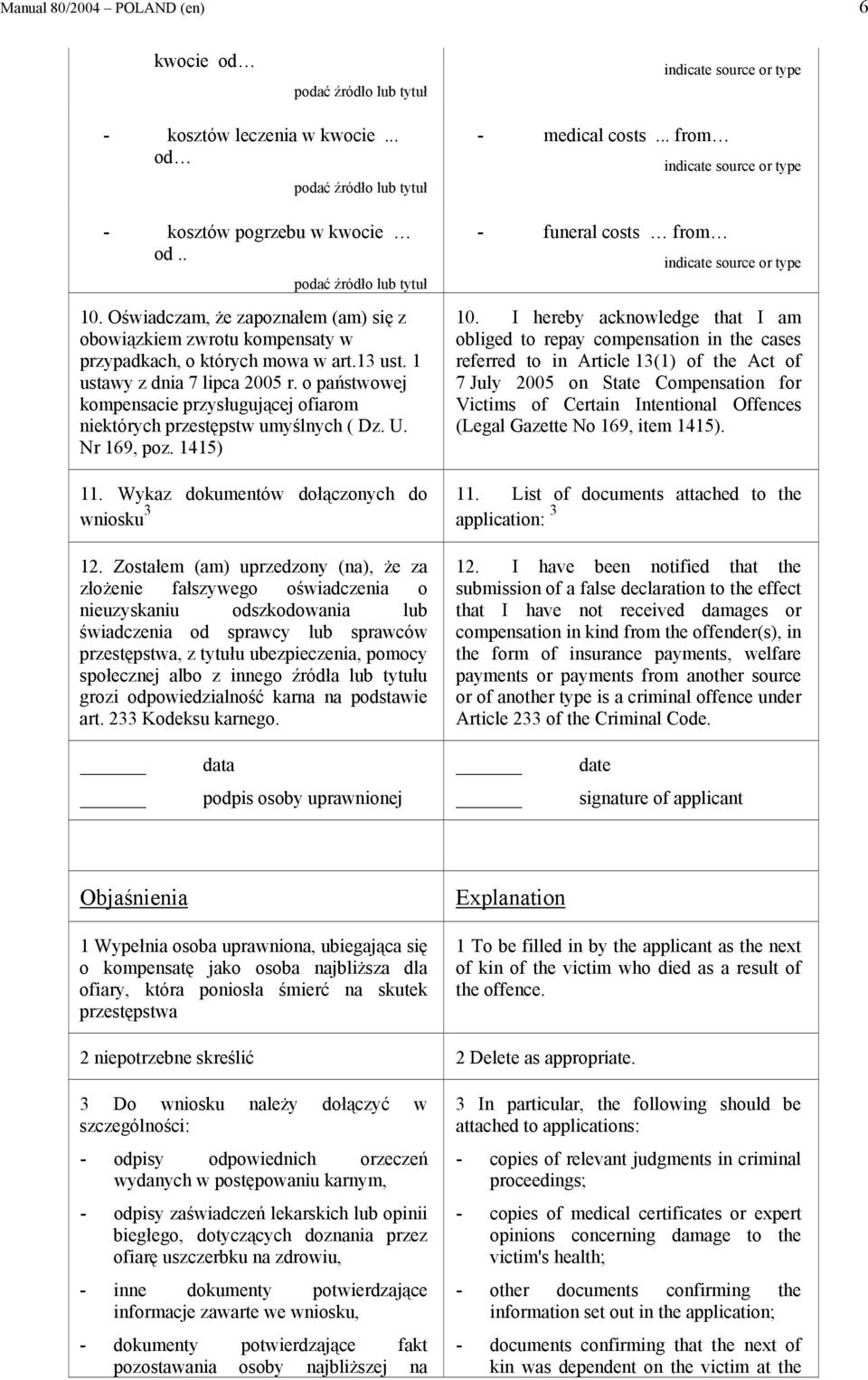 o państwowej kompensacie przysługującej ofiarom niektórych przestępstw umyślnych ( Dz. U. Nr 169, poz. 1415) - medical costs... from - funeral costs from 10.