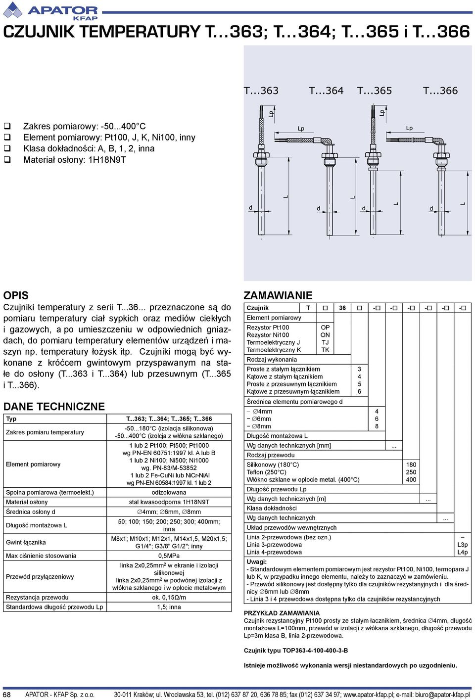 temperatury łożysk itp. Czujniki mogą być wykonane z króćcem gwintowym przyspawanym na stałe do osłony (T...363 i T...364) lub przesuwnym (T...365 i T...366). Spoina pomiarowa (termoelekt.