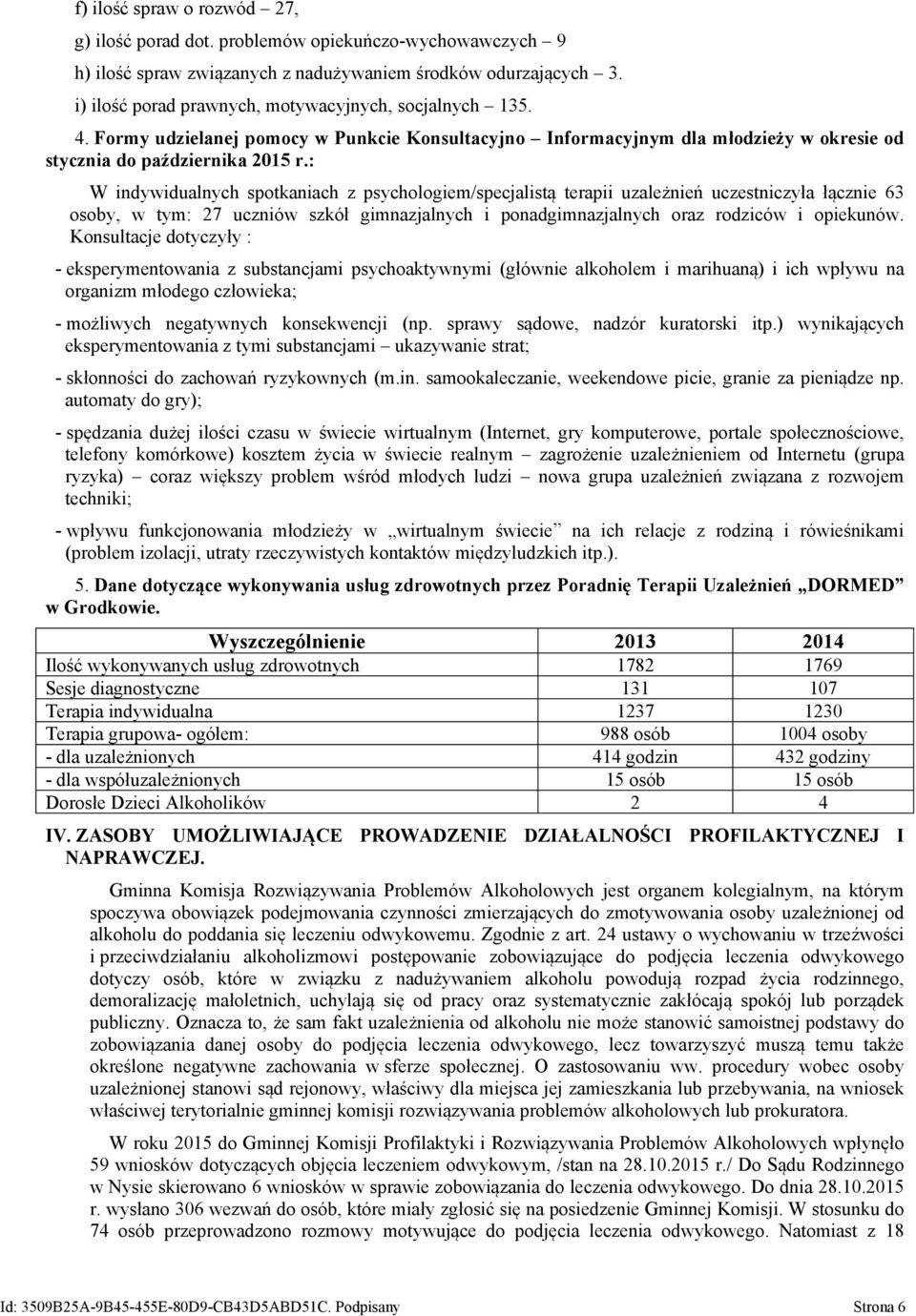 : W indywidualnych spotkaniach z psychologiem/specjalistą terapii uzależnień uczestniczyła łącznie 63 osoby, w tym: 27 uczniów szkół gimnazjalnych i ponadgimnazjalnych oraz rodziców i opiekunów.