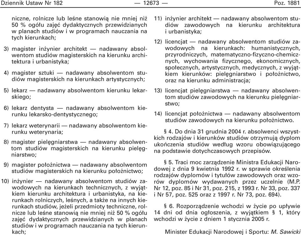 nadawany absolwentom studiów magisterskich na kierunku architektura i urbanistyka; 4) magister sztuki nadawany absolwentom studiów magisterskich na kierunkach artystycznych; 5) lekarz nadawany