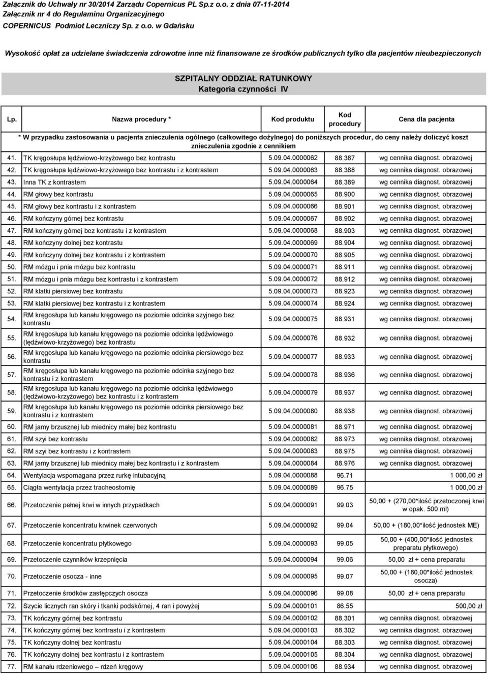 TK kręgosłupa lędźwiowo-krzyżowego bez kontrastu 5.09.04.0000062 88.387 wg cennika diagnost. obrazowej 42. TK kręgosłupa lędźwiowo-krzyżowego bez kontrastu i z kontrastem 5.09.04.0000063 88.