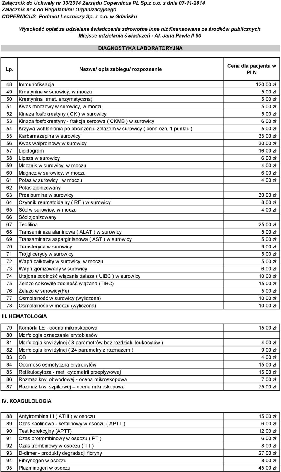 enzymatyczna) 5,00 zł 51 Kwas moczowy w surowicy, w moczu 5,00 zł 52 Kinaza fosfokreatyny ( CK ) w surowicy 5,00 zł 53 Kinaza fosfokreatyny - frakcja sercowa ( CKMB ) w surowicy 6,00 zł 54 Krzywa