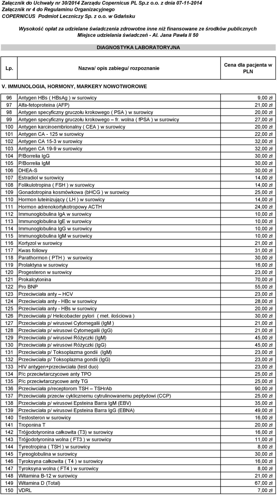 IMMUNOLOGIA, HORMONY, MARKERY NOWOTWOROWE 96 Antygen HBs ( HBsAg ) w surowicy 9,00 zł 97 Alfa-fetoproteina (AFP) 21,00 zł 98 Antygen specyficzny gruczołu krokowego ( PSA ) w surowicy 20,00 zł 99