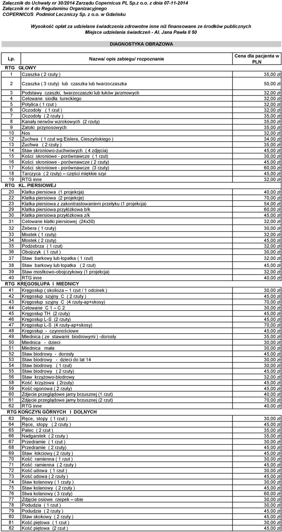 32,00 zł 4 Celowane siodła tureckiego 32,00 zł 5 Potylica ( 1 rzut ) 32,00 zł 6 Oczodoły ( 1 rzut ) 32,00 zł 7 Oczodoły ( 2 rzuty ) 35,00 zł 8 Kanały nerwów wzrokowych (2 rzuty) 35,00 zł 9 Zatoki