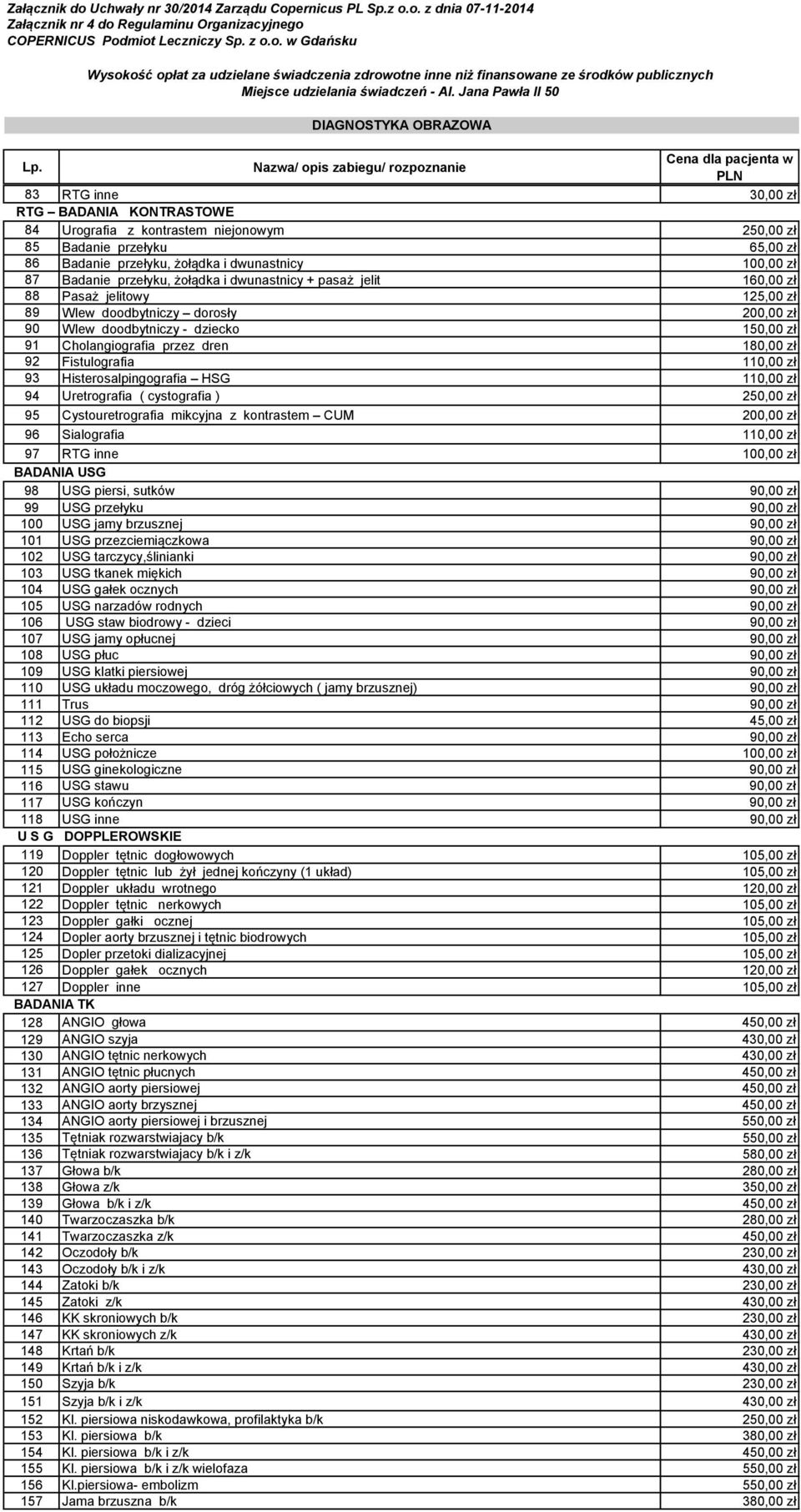 i dwunastnicy 100,00 zł 87 Badanie przełyku, żołądka i dwunastnicy + pasaż jelit 160,00 zł 88 Pasaż jelitowy 125,00 zł 89 Wlew doodbytniczy dorosły 200,00 zł 90 Wlew doodbytniczy - dziecko 150,00 zł