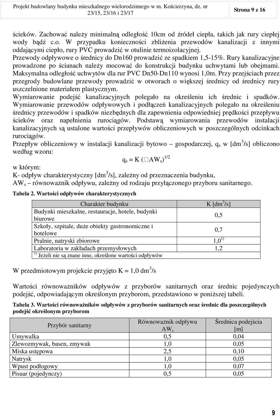 Przewody odpływowe o średnicy do Dn160 prowadzić ze spadkiem 1,5-15%. Rury kanalizacyjne prowadzone po ścianach naleŝy mocować do konstrukcji budynku uchwytami lub obejmami.