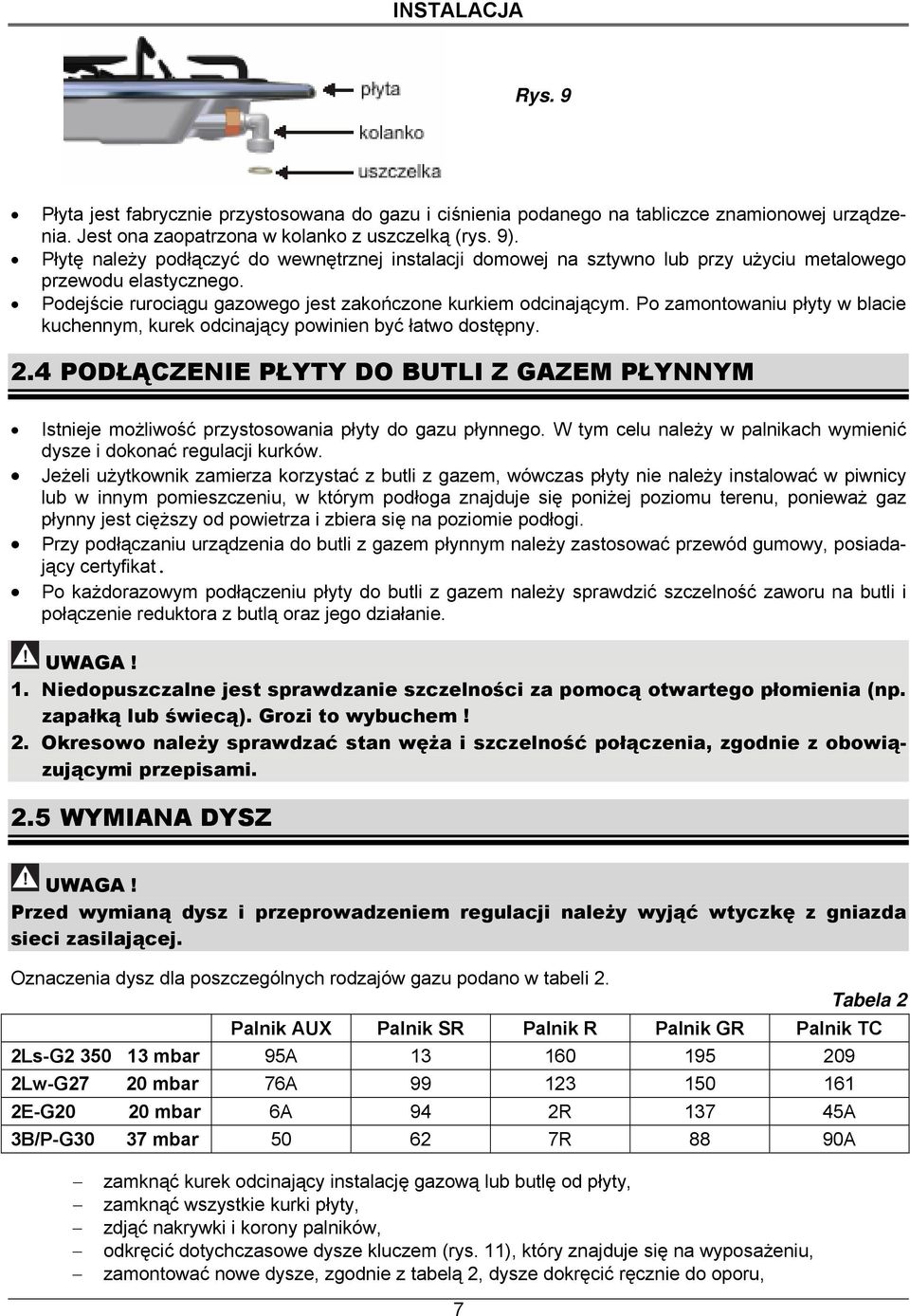 Po zamontowaniu płyty w blacie kuchennym, kurek odcinający powinien być łatwo dostępny. 2.4 PODŁĄCZENIE PŁYTY DO BUTLI Z GAZEM PŁYNNYM Istnieje możliwość przystosowania płyty do gazu płynnego.