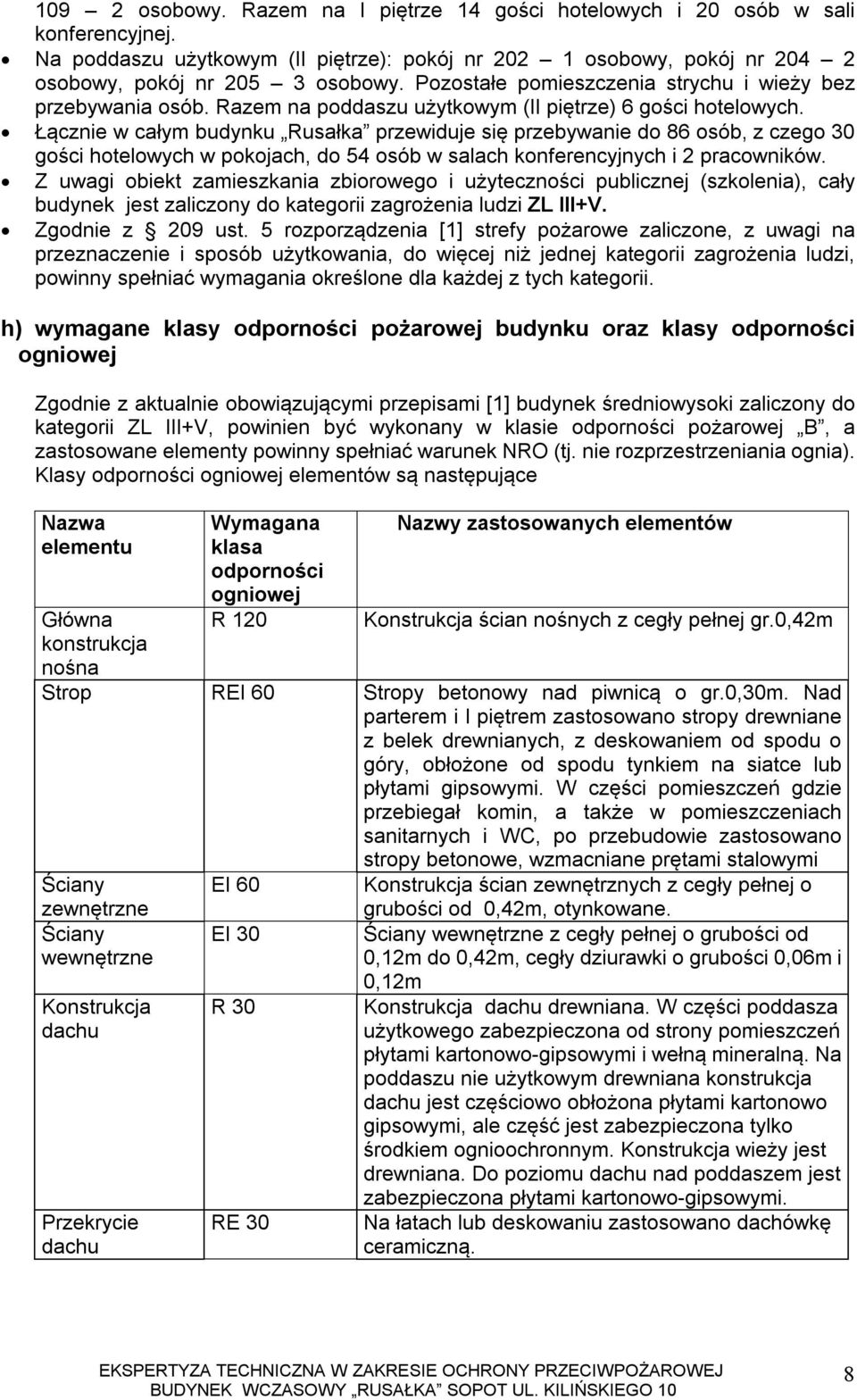 Łącznie w całym budynku Rusałka przewiduje się przebywanie do 86 osób, z czego 30 gości hotelowych w pokojach, do 54 osób w salach konferencyjnych i 2 pracowników.