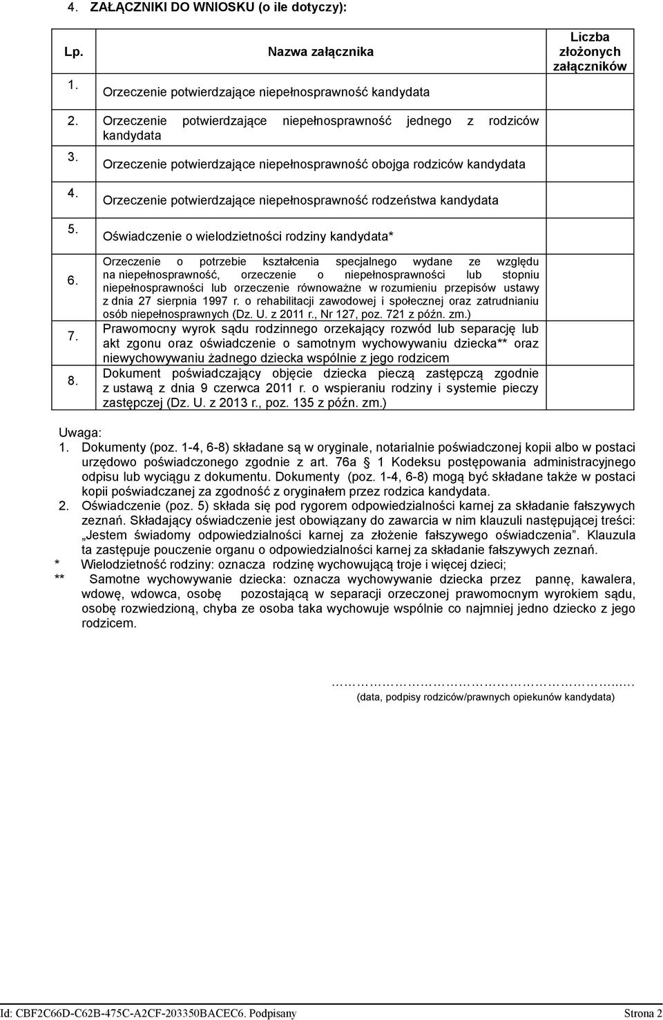 Orzeczenie potwierdzające niepełnosprawność rodzeństwa kandydata Oświadczenie o wielodzietności rodziny kandydata* Orzeczenie o potrzebie kształcenia specjalnego wydane ze względu na