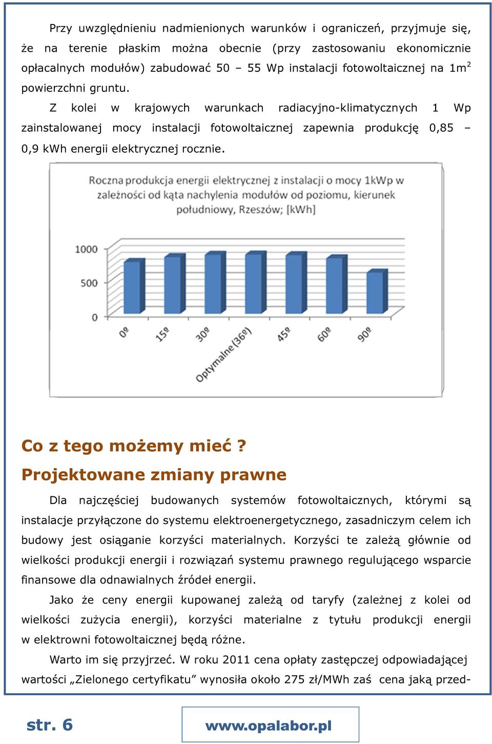 Z kolei w krajowych warunkach radiacyjno-klimatycznych 1 Wp zainstalowanej mocy instalacji fotowoltaicznej zapewnia produkcję 0,85 0,9 kwh energii elektrycznej rocznie.