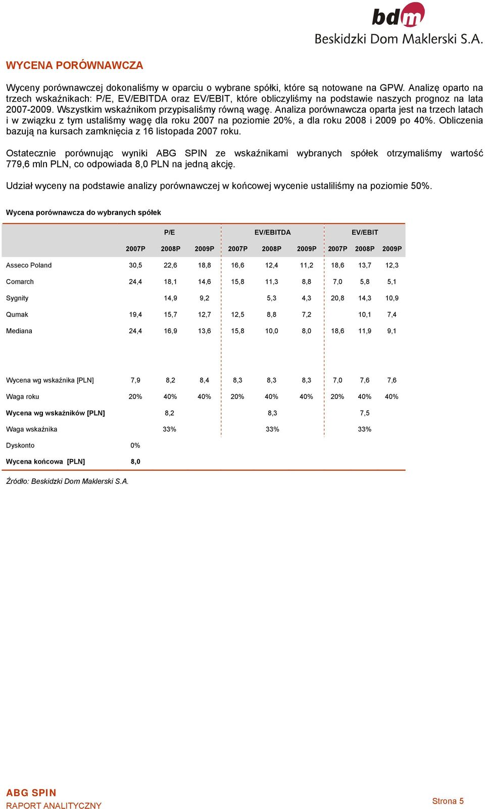 Analiza porównawcza oparta jest na trzech latach i w związku z tym ustaliśmy wagę dla roku 2007 na poziomie 20%, a dla roku 2008 i 2009 po 40%.