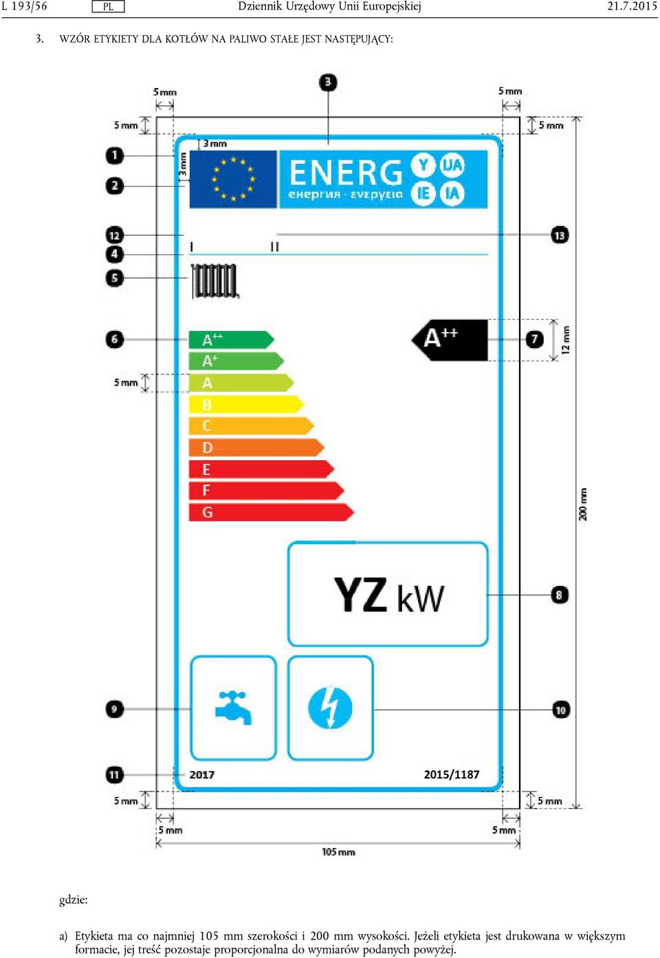 a) Etykieta ma co najmniej 105 mm szerokości i 200 mm wysokości.