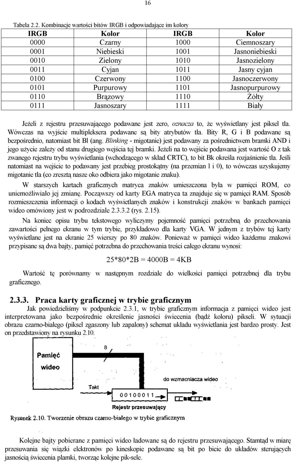 cyjan 0100 Czerwony 1100 Jasnoczerwony 0101 Purpurowy 1101 Jasnopurpurowy 0110 Brązowy 1110 Żółty 0111 Jasnoszary 1111 Biały Jeżeli z rejestru przesuwającego podawane jest zero, oznacza to, że