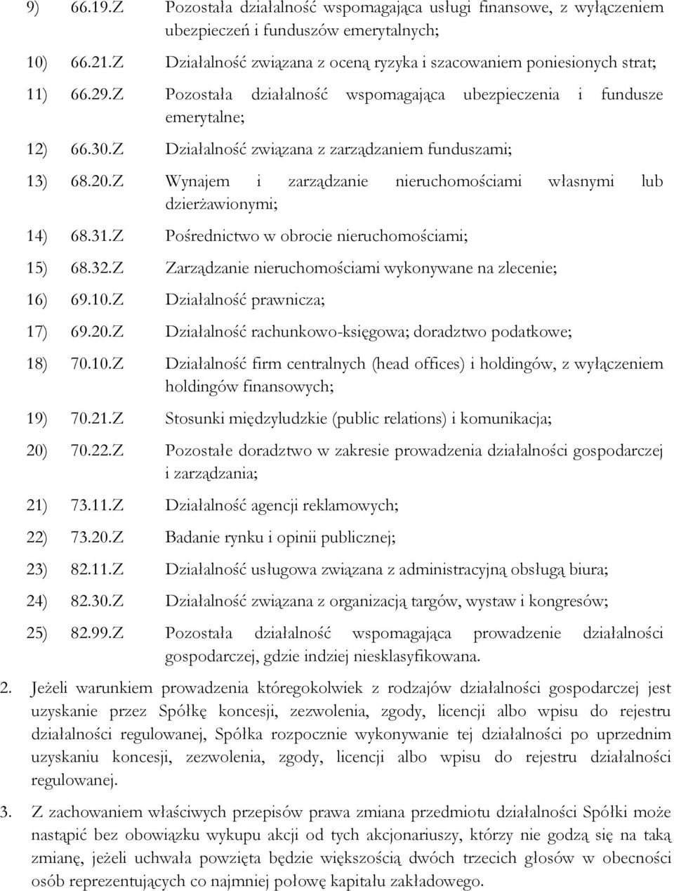 Z Działalność związana z zarządzaniem funduszami; 13) 68.20.Z Wynajem i zarządzanie nieruchomościami własnymi lub dzierżawionymi; 14) 68.31.Z Pośrednictwo w obrocie nieruchomościami; 15) 68.32.