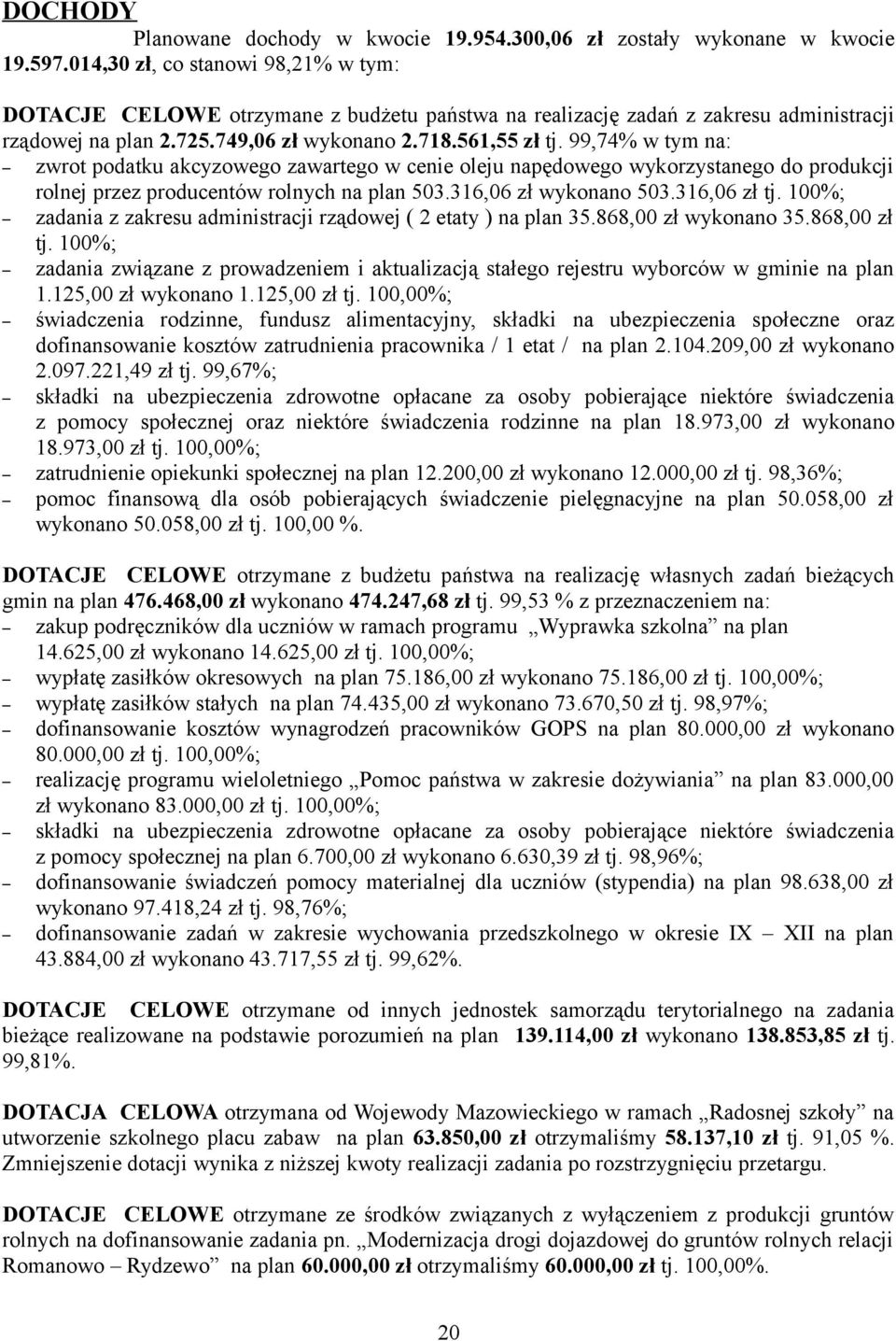 99,74% w tym na: zwrot podatku akcyzowego zawartego w cenie oleju napędowego wykorzystanego do produkcji rolnej przez producentów rolnych na plan 503.316,06 zł wykonano 503.316,06 zł tj.