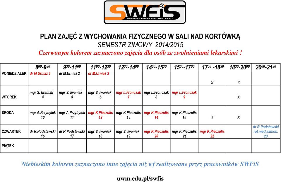 Iwaniak 5 mgr S. Iwaniak 6 mgr L.Fronczak 7 mgr L.Fronczak 8 mgr L.Fronczak 9 X ŚRODA mgr A.Przybyłek 10 mgr A.Przybyłek 11 mgr K.Pieczulis 12 mgr K.Pieczulis 13 mgr K.Pieczulis 14 mgr K.