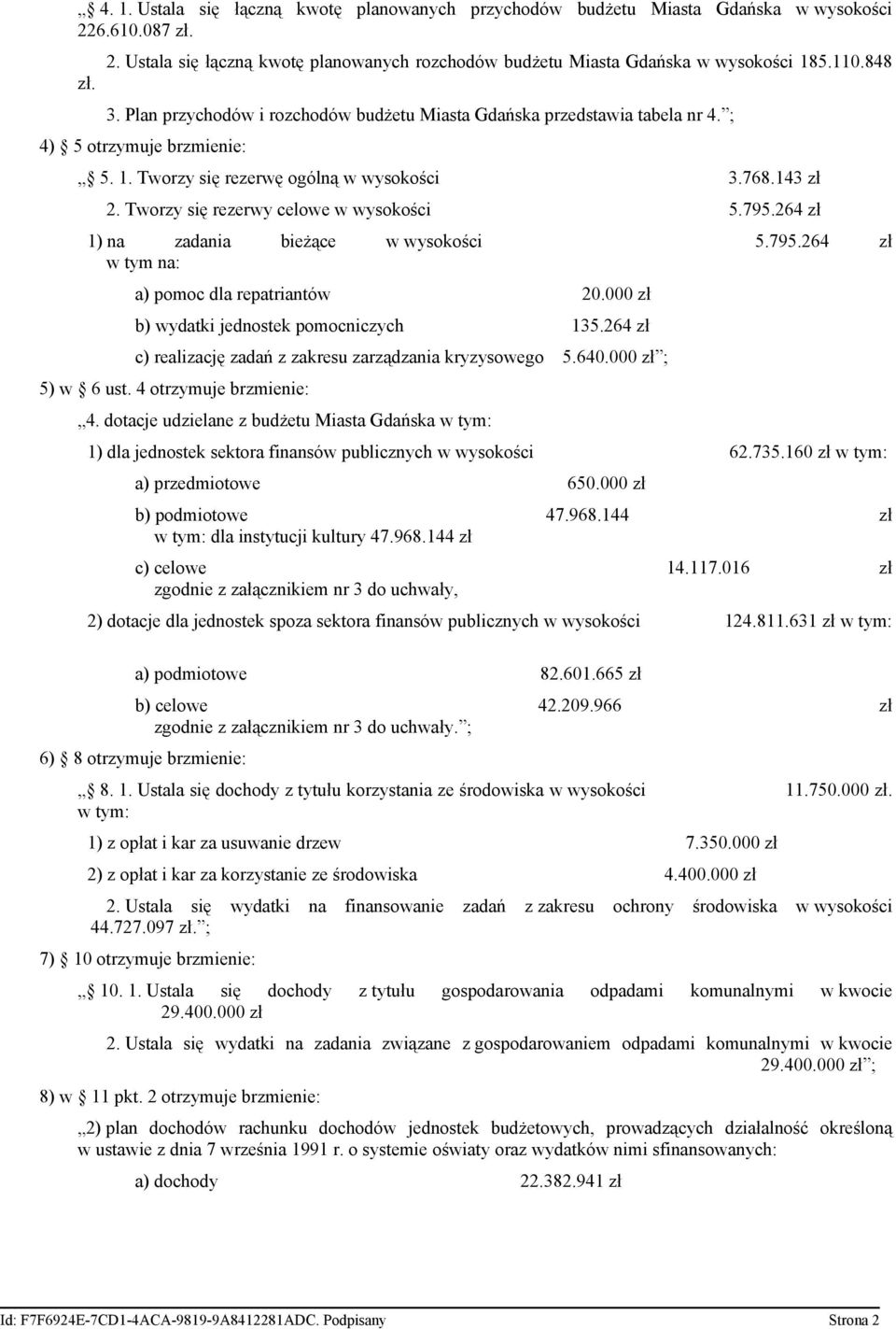 Tworzy się rezerwy celowe w wysokości 5.795.264 zł 1) na zadania bieżące w wysokości 5.795.264 zł w tym na: a) pomoc dla repatriantów 20.000 zł b) wydatki jednostek pomocniczych 135.