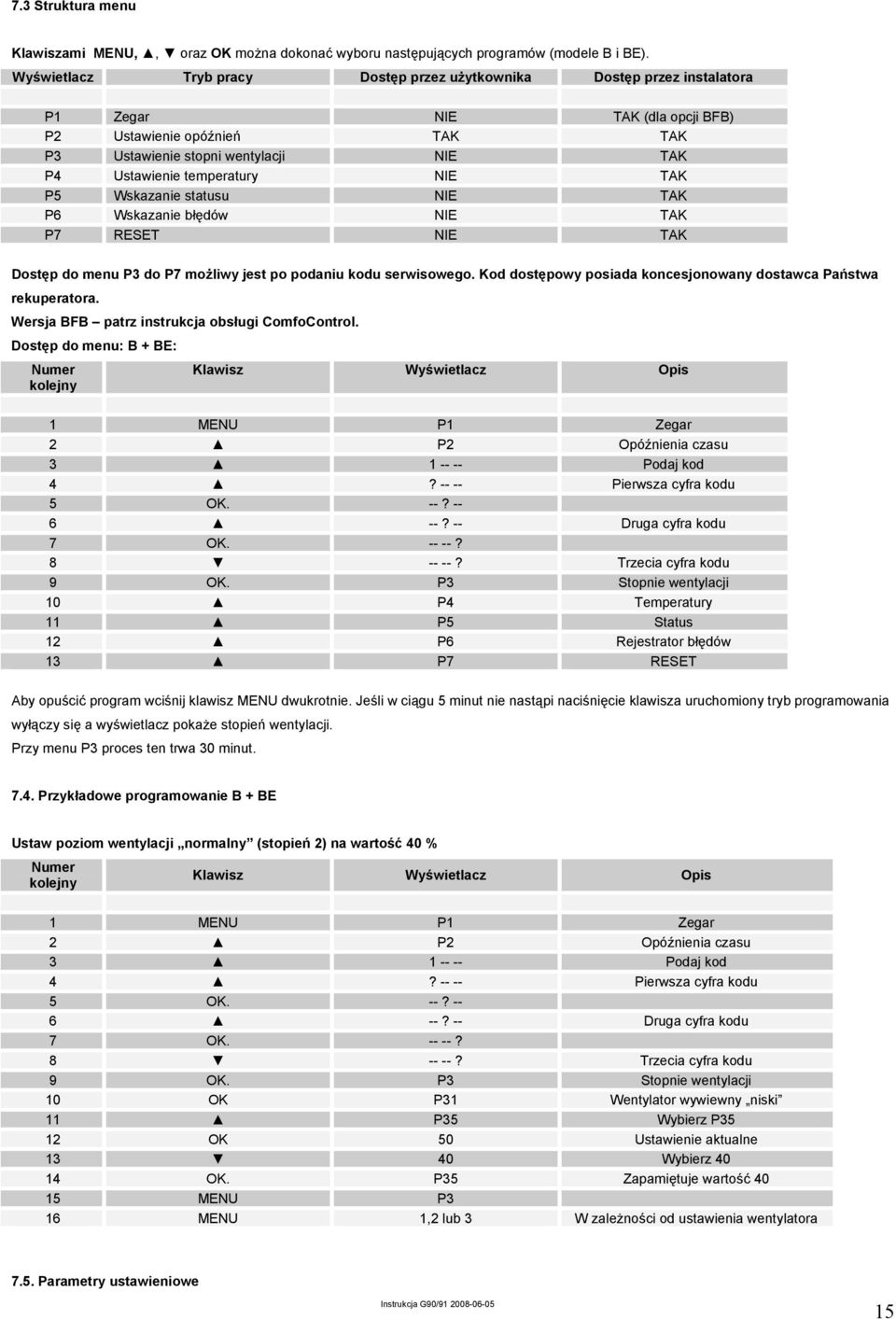 temperatury NIE TAK P5 Wskazanie statusu NIE TAK P6 Wskazanie błędów NIE TAK P7 RESET NIE TAK Dostęp do menu P3 do P7 możliwy jest po podaniu kodu serwisowego.