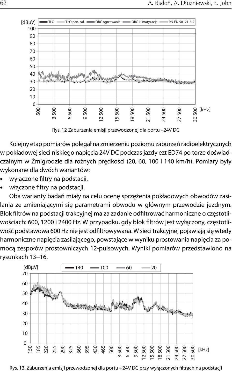 po torze doświadczalnym w Żmigrodzie dla rożnych prędkości (,, i 1 km/h). Pomiary były wykonane dla dwóch wariantów: wyłączone filtry na podstacji, włączone filtry na podstacji.