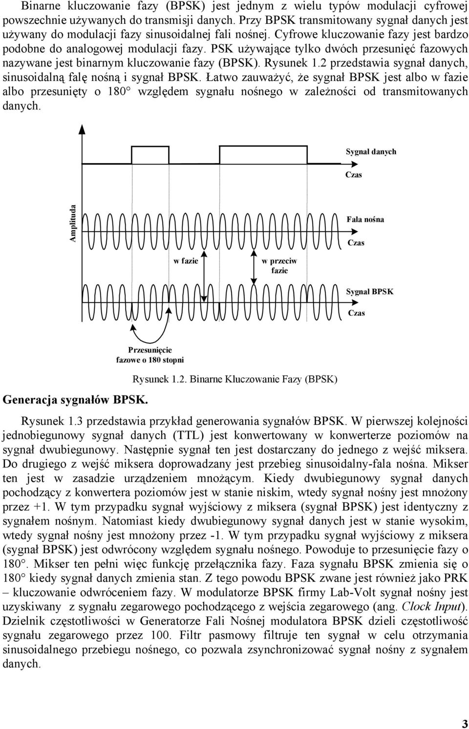 PSK używające tylko dwóch przesunięć fazowych nazywane jest binarnym kluczowanie fazy (BPSK). Rysunek 1.2 przedstawia sygnał danych, sinusoidalną falę nośną i sygnał BPSK.