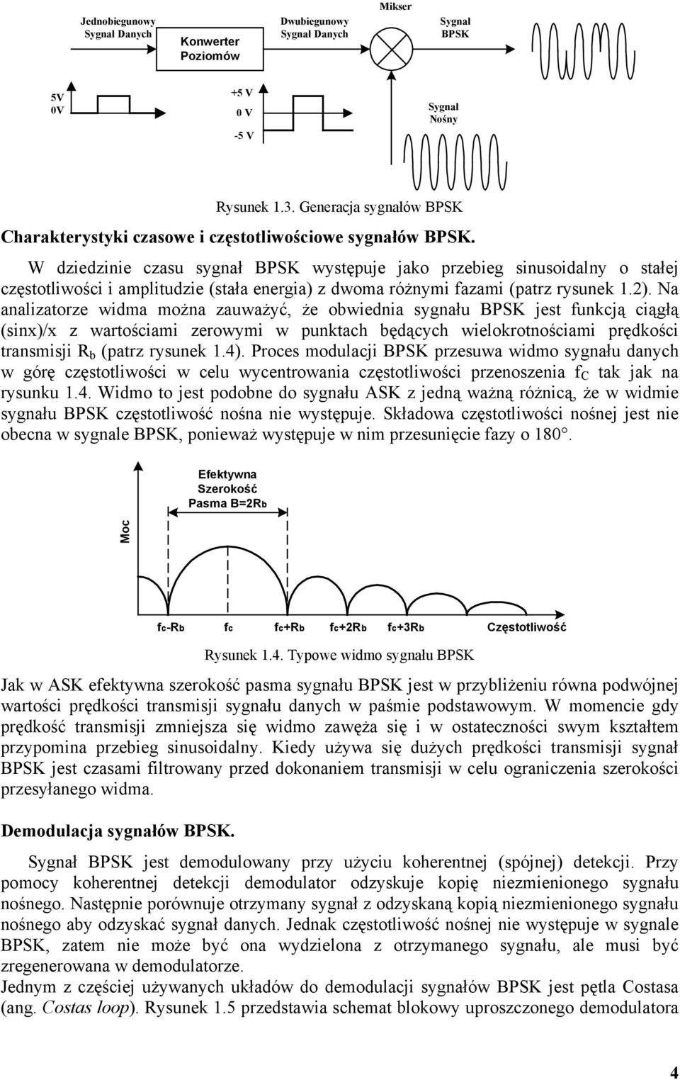 W dziedzinie czasu sygnał BPSK występuje jako przebieg sinusoidalny o stałej częstotliwości i amplitudzie (stała energia) z dwoma różnymi fazami (patrz rysunek 1.2).
