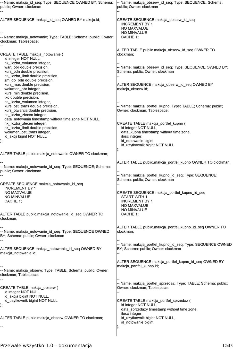 makcja_obserw_id_seq OWNER TO CREATE TABLE makcja_notowanie ( clockman; id integer NOT NULL, nk_liczba_wolumen integer, -wart_obr double precision, Name: makcja_obserw_id_seq; Type: SEQUENCE OWNED