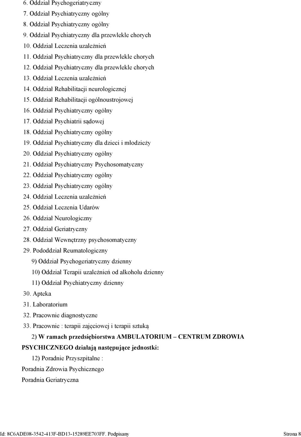 Oddział Rehabilitacji ogólnoustrojowej 16. Oddział Psychiatryczny ogólny 17. Oddział Psychiatrii sądowej 18. Oddział Psychiatryczny ogólny 19. Oddział Psychiatryczny dla dzieci i młodzieży 20.