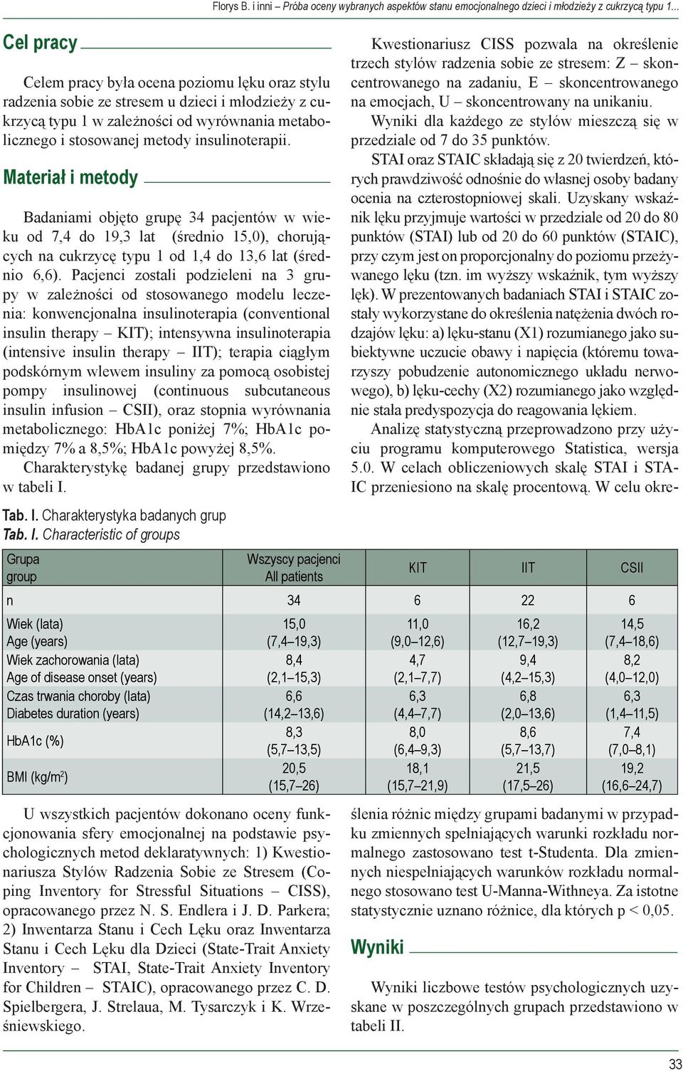 Pacjenci zostali podzieleni na 3 grupy w zależności od stosowanego modelu leczenia: konwencjonalna insulinoterapia (conventional insulin therapy KIT); intensywna insulinoterapia (intensive insulin