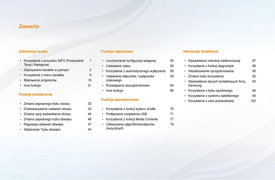 ustawień dźwięku 47 Wybieranie Trybu dźwięku 54 1 Uruchamianie konfiguracji wstępnej 55 Ustawianie czasu 56 Korzystanie z automatycznego wyłączania 58 Ustawianie włącznika / wyłącznika czasowego