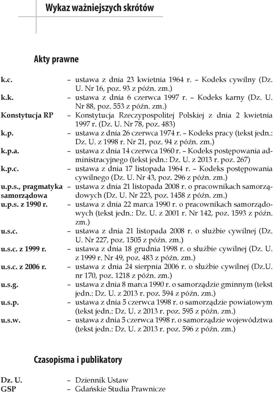 Kodeks pracy (tekst jedn.: Dz. U. z 1998 r. Nr 21, poz. 94 z późn. zm.) k.p.a. ustawa z dnia 14 czerwca 1960 r. Kodeks postępowania administracyjnego (tekst jedn.: Dz. U. z 2013 r. poz. 267) k.p.c. ustawa z dnia 17 listopada 1964 r.