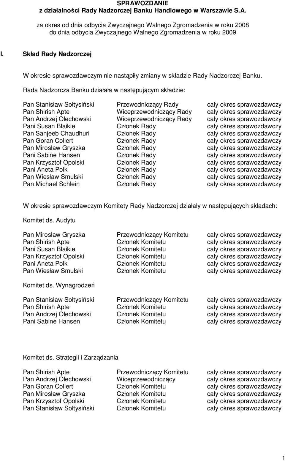 Rada Nadzorcza Banku działała w następującym składzie: Pan Stanisław Sołtysiński Przewodniczący Rady cały okres sprawozdawczy Pan Shirish Apte Wiceprzewodniczący Rady cały okres sprawozdawczy Pan