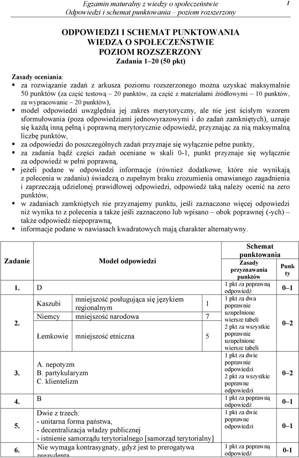 (poza ami jednowyrazowymi i do zadań zamkniętych), uznaje się każdą inną pełną i poprawną merytorycznie, przyznając za nią maksymalną liczbę punktów, za do poszczególnych zadań przyznaje się