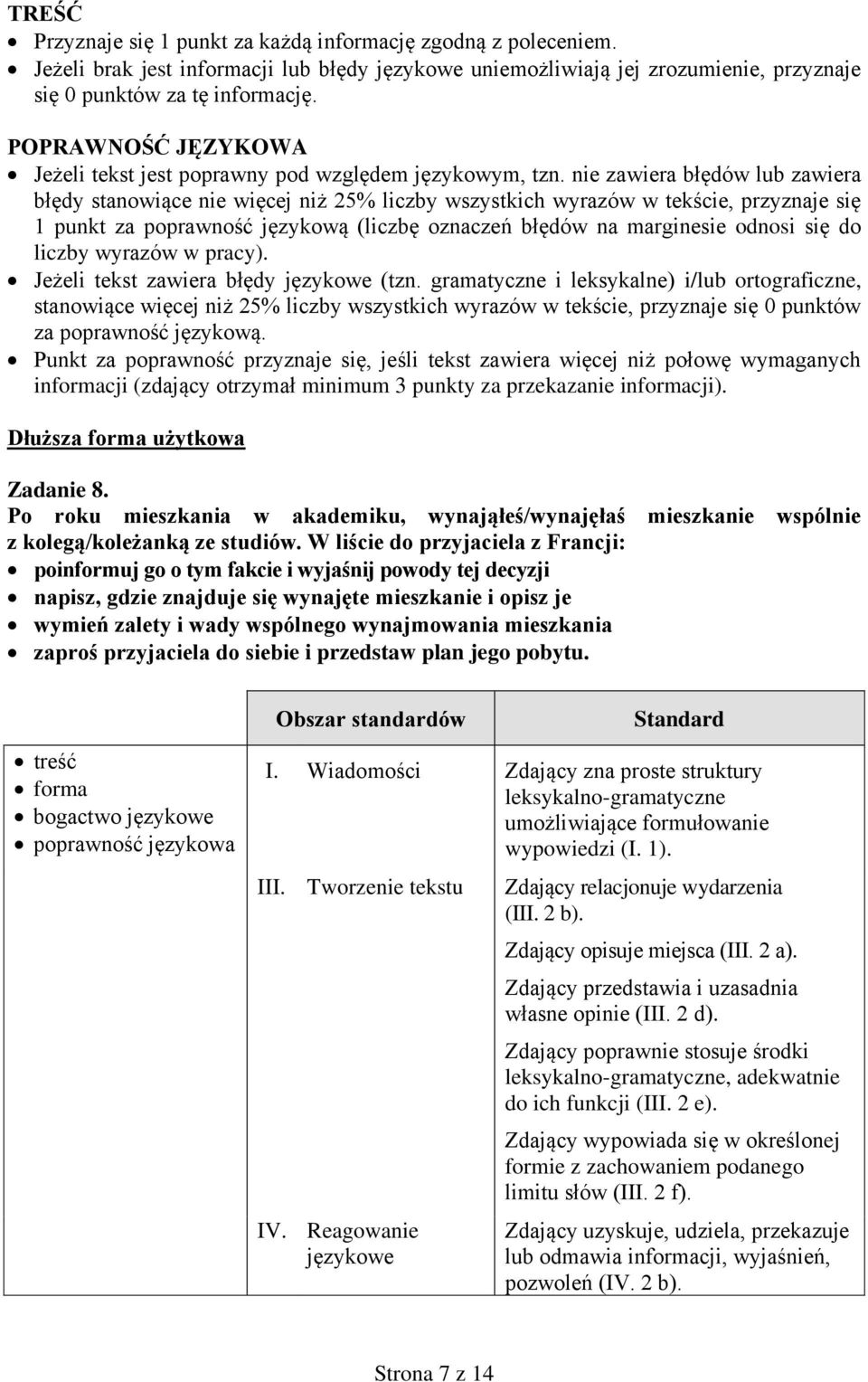 nie zawiera błędów lub zawiera błędy stanowiące nie więcej niż 25% liczby wszystkich wyrazów w tekście, przyznaje się 1 punkt za poprawność językową (liczbę oznaczeń błędów na marginesie odnosi się