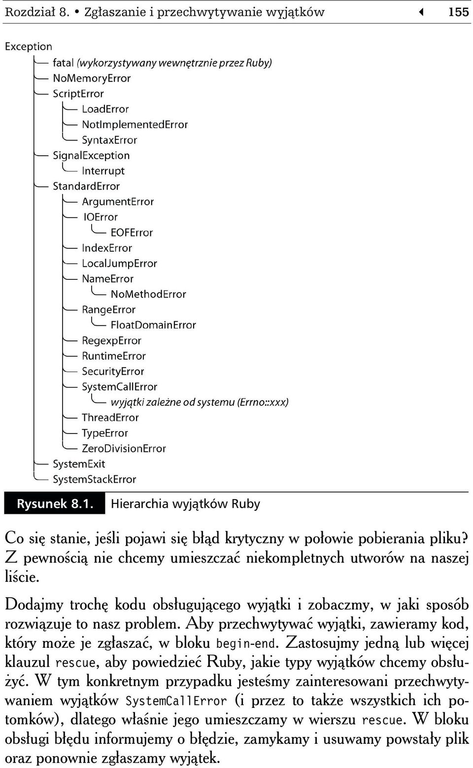 Aby przechwytywać wyjątki, zawieramy kod, który może je zgłaszać, w bloku begin-. Zastosujmy jedną lub więcej klauzul rescue, aby powiedzieć Ruby, jakie typy wyjątków chcemy obsłużyć.