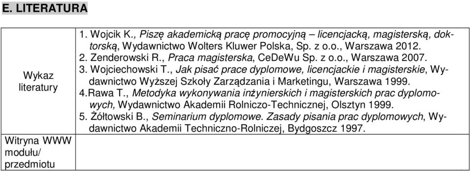 , Praca magiterka, CeDeWu Sp. z o.o., Warzawa 2007. 3. Wojciechowki T.