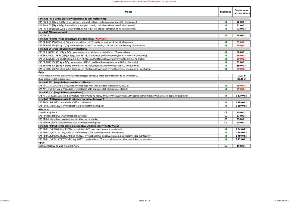 nierdzewnej) 729,00 zł Seria CAS AD (waga prosta) CAS AD 15 789,00 zł Seria CAS PR PLUS (waga kalkulacyjna dwudziałkowa) - NOWOŚĆ!