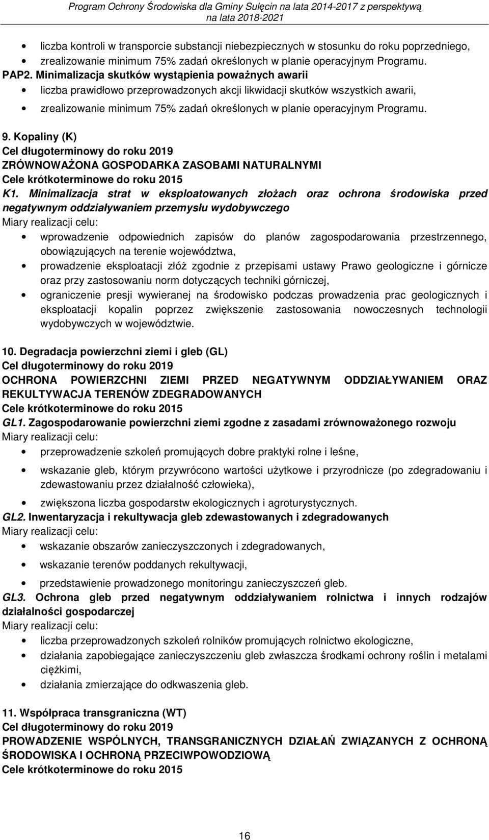 Programu. 9. Kopaliny (K) Cel długoterminowy do roku 2019 ZRÓWNOWAśONA GOSPODARKA ZASOBAMI NATURALNYMI Cele krótkoterminowe do roku 2015 K1.