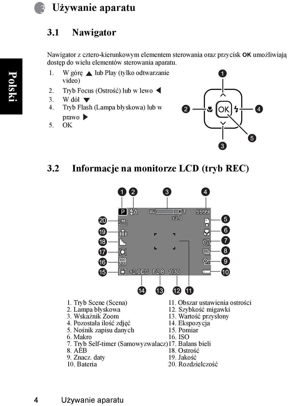 2 Informacje na monitorze LCD (tryb REC) 1. Tryb Scene (Scena) 11. Obszar ustawienia ostrości 2. Lampa błyskowa 12. Szybkość migawki 3. Wskaźnik Zoom 13. Wartość przysłony 4.