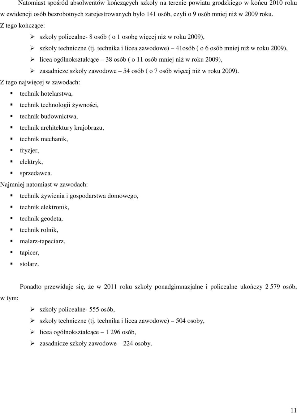 technika i licea zawoowe) 41osó ( o 6 osó mniej niż w roku 2009), licea ogólnokształcące 38 osó ( o 11 osó mniej niż w roku 2009), zasanicze szkoły zawoowe 54 osó ( o 7 osó więcej niż w roku 2009).