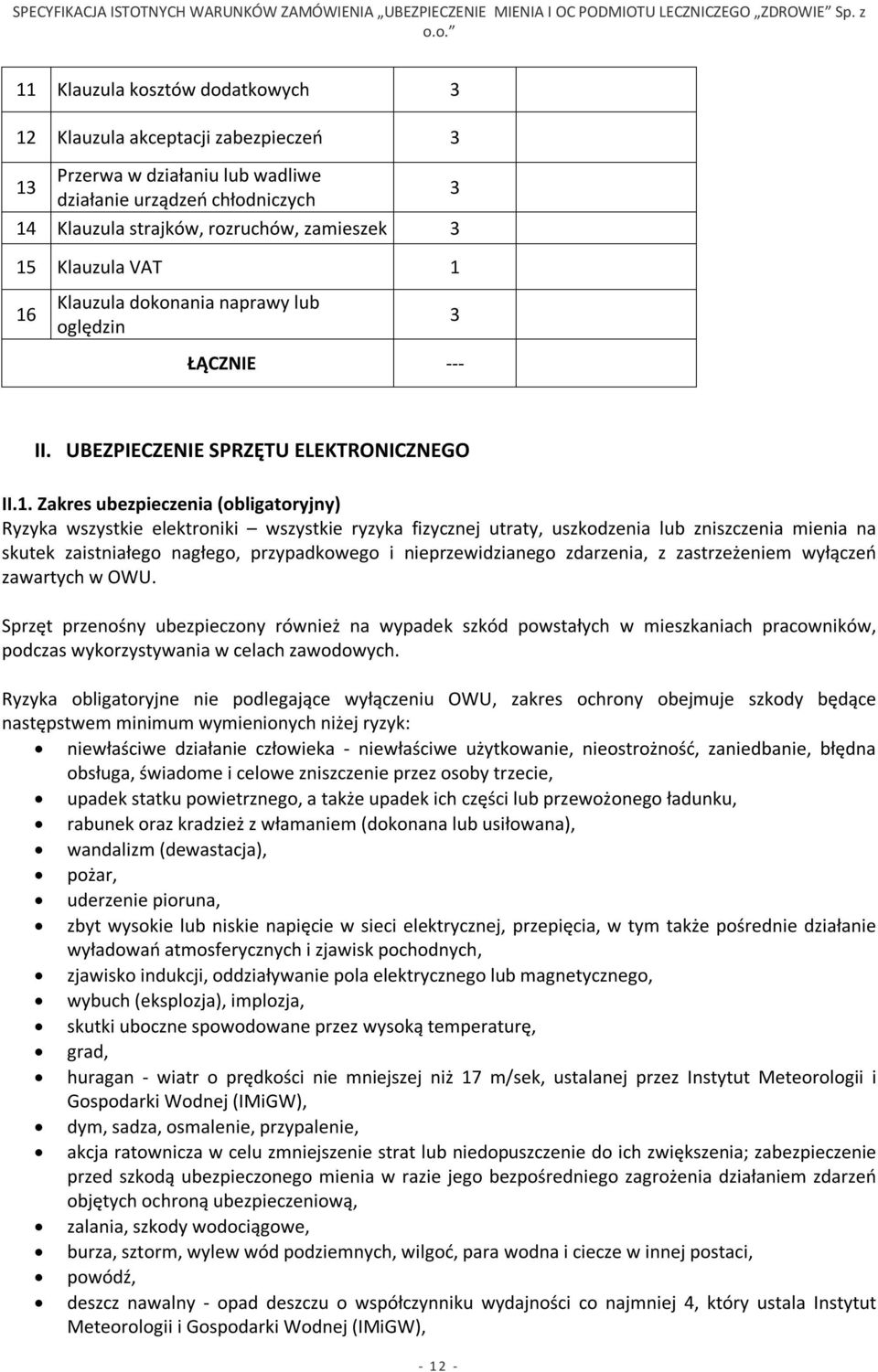 . Zakres ubezpieczenia (obligatoryjny) Ryzyka wszystkie elektroniki wszystkie ryzyka fizycznej utraty, uszkodzenia lub zniszczenia mienia na skutek zaistniałego nagłego, przypadkowego i