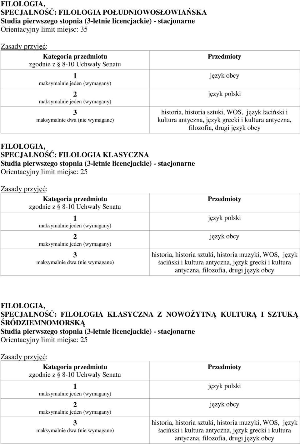 (-letnie licencjackie) - stacjonarne Orientacyjny limit miejsc: 5 zgodnie z 8-0 Uchwały Senatu język polski język obcy historia, historia sztuki, historia muzyki, WOS, język łaciński i kultura