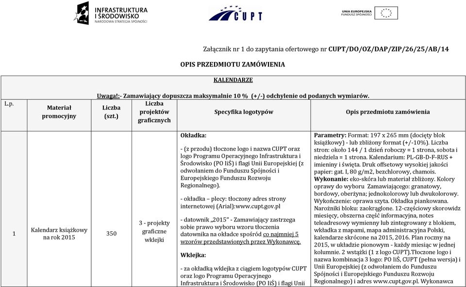 ) graficznych 1 Kalendarz książkowy na rok 2015 350 3 - projekty graficzne wklejki Okładka: - (z przodu) tłoczone logo i nazwa CUPT oraz logo Programu Operacyjnego Infrastruktura i Środowisko (PO