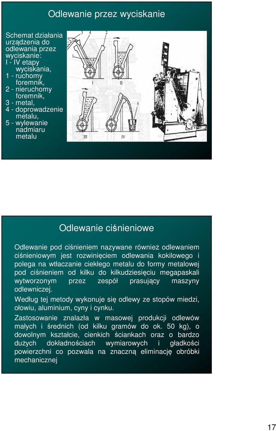 formy metalowej pod ciśnieniem od kilku do kilkudziesięciu megapaskali wytworzonym przez zespół prasujący maszyny odlewniczej.